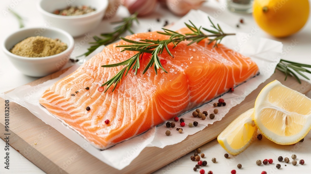 Salmon on cutting board with lemons, spices, and seasoning Salmon on cutting board with lemons, spices, and seasoning