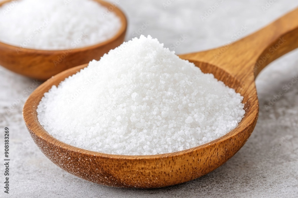 Wooden Spoon Filled with Natural Sea Salt on Gray Background in Close-Up Wooden Spoon Filled with Natural Sea Salt on Gray Background in Close-Up