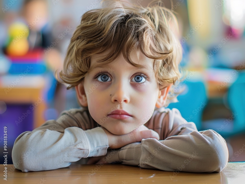Young Boy With Curly Hair and Blue Eyes Sitting at Classroom Desk During School Hours Young Boy With Curly Hair and Blue Eyes Sitting at Classroom Desk During School Hours