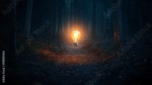 Lightbulb in a Dark Forest - Symbol of Hope and Inspiration - A single lightbulb glows brightly in the center of a dark forest path, symbolizing hope, inspiration, finding a way, new ideas, and a new 