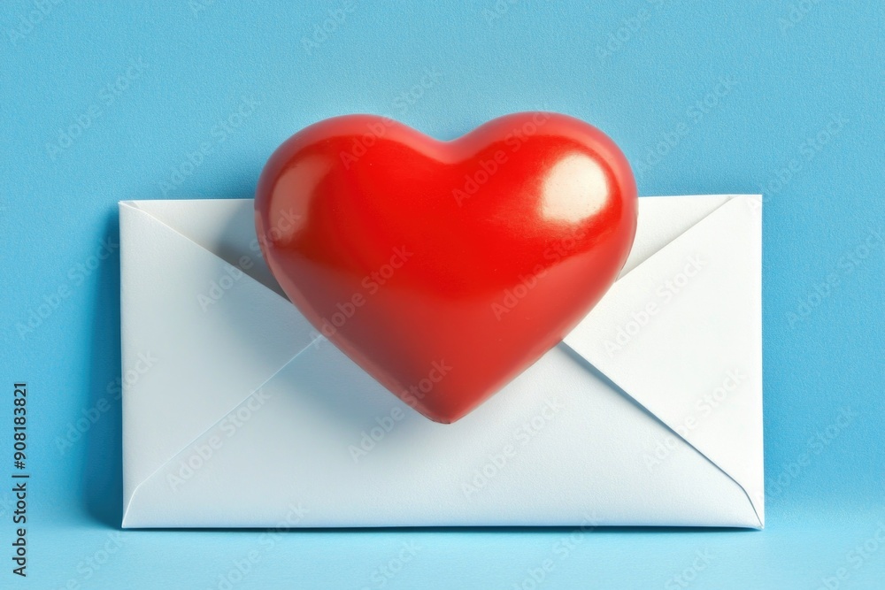 Red Heart Symbol on White Envelope Against Blue Background Red Heart Symbol on White Envelope Against Blue Background