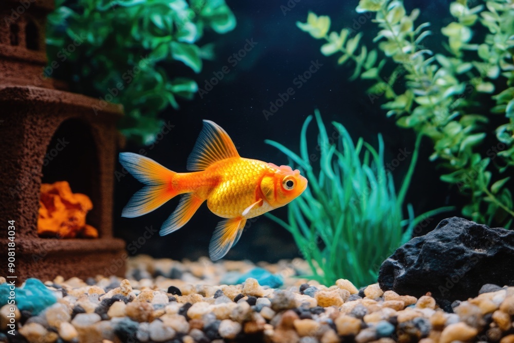 Vibrant Goldfish Swimming in a Lush Aquarium with Gravel and Plants Vibrant Goldfish Swimming in a Lush Aquarium with Gravel and Plants