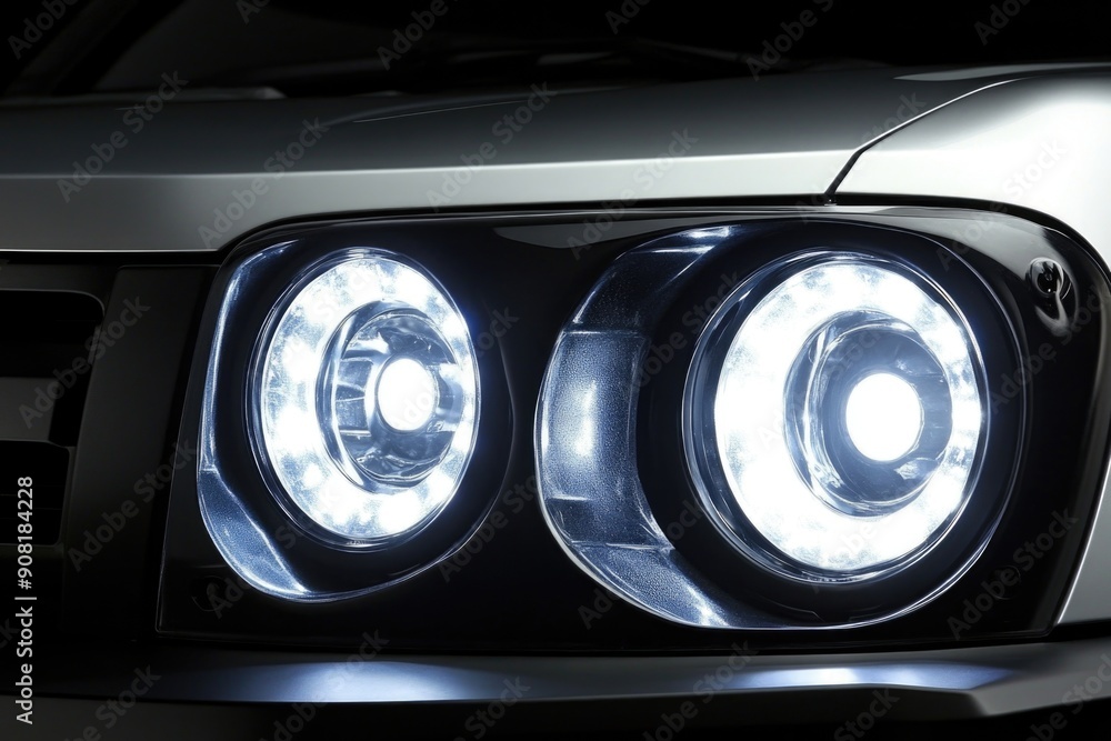 Close-Up of Car with LED Headlights on Black Background - Modern Automotive Lighting Close-Up of Car with LED Headlights on Black Background - Modern Automotive Lighting