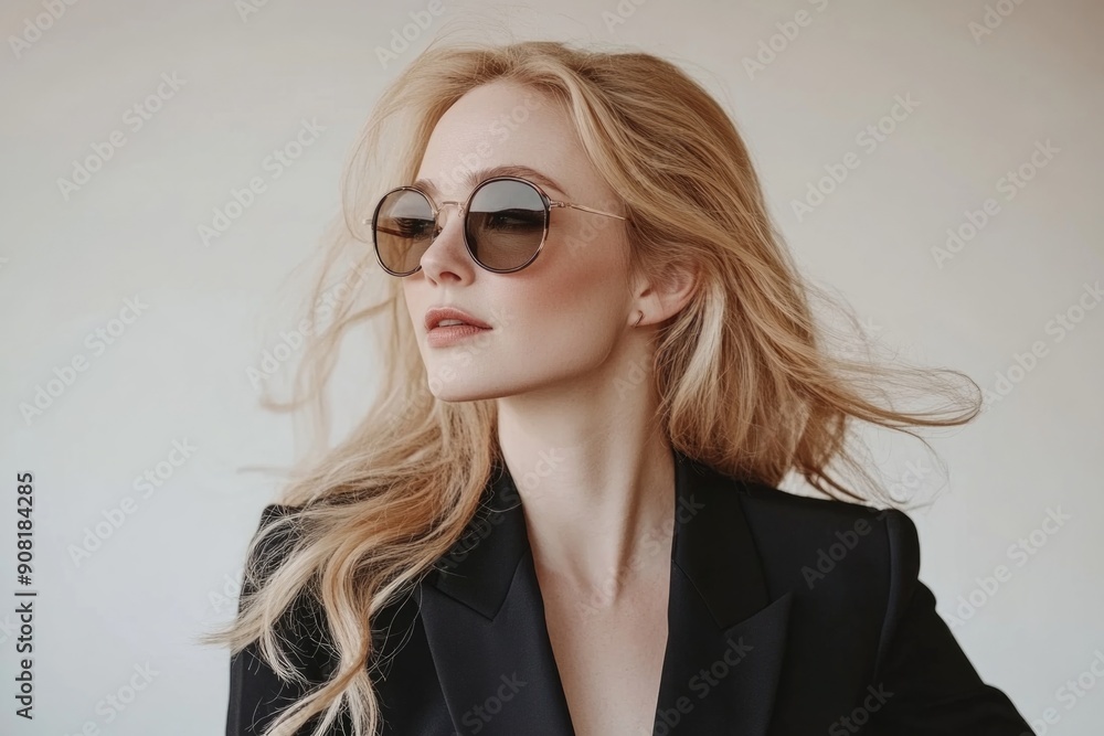 Stylish Blonde Woman in Sunglasses and Black Blazer Looking Confident Against a Plain Background Stylish Blonde Woman in Sunglasses and Black Blazer Looking Confident Against a Plain Background