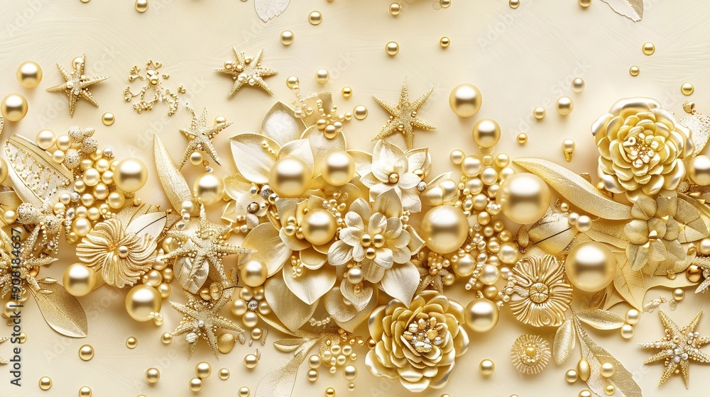 A close-up of several flowers on a white background with gold beads adorning the wall beside them A close-up of several flowers on a white background with gold beads adorning the wall beside them