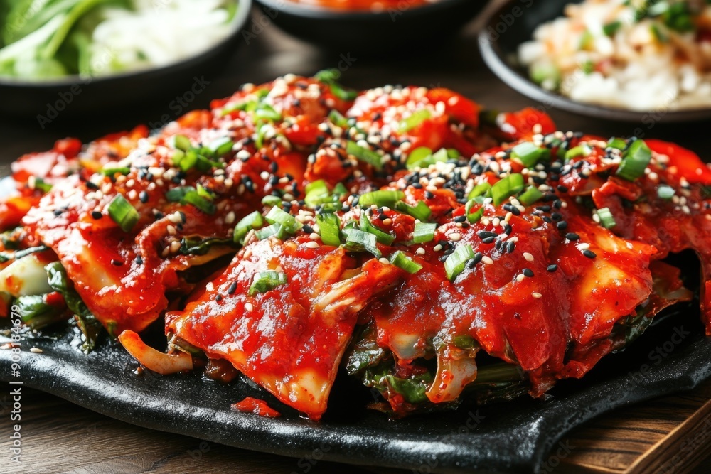 Spicy Korean Kimchi with Sesame Seeds and Green Onions on Black Plate Spicy Korean Kimchi with Sesame Seeds and Green Onions on Black Plate
