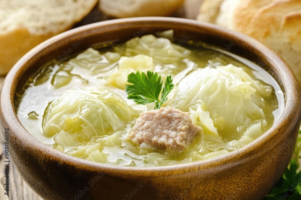 Traditional Cabbage Soup with Meat in a Wooden Bowl - Homestyle Comfort Food Traditional Cabbage Soup with Meat in a Wooden Bowl - Homestyle Comfort Food