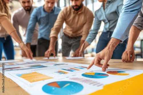 Team Collaboration Analyzing Data Charts and Graphs in Modern Office