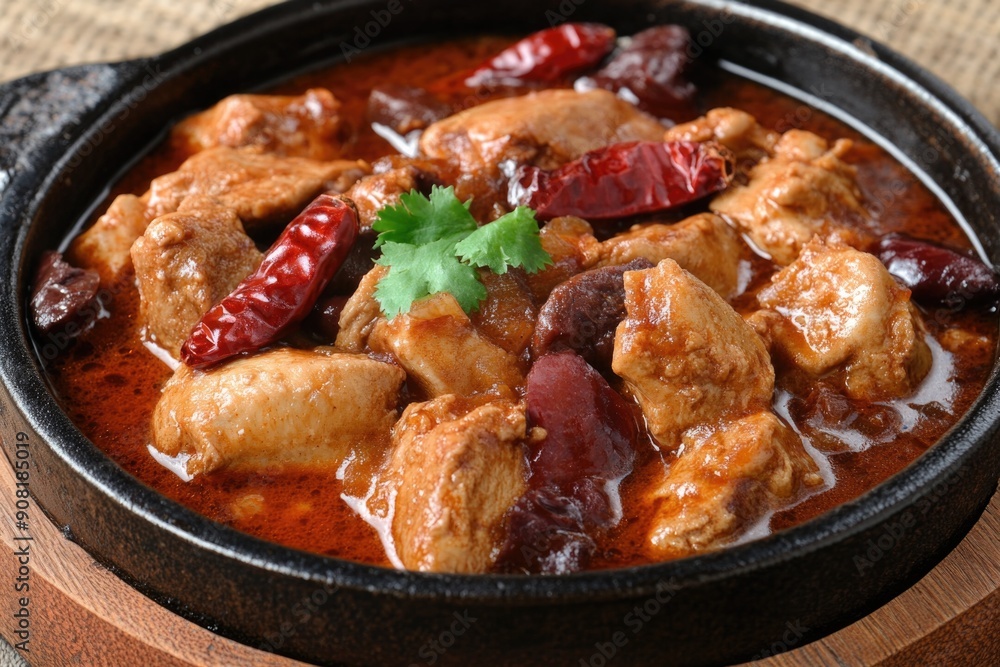 Spicy Mexican Chicken Stew with Red Chili Peppers and Cilantro Garnish in Cast Iron Skillet Spicy Mexican Chicken Stew with Red Chili Peppers and Cilantro Garnish in Cast Iron Skillet