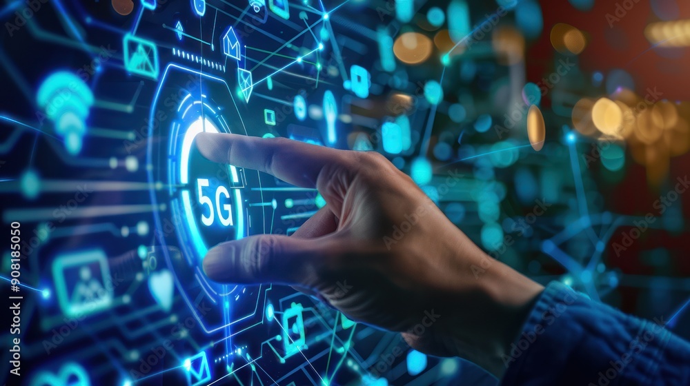 Fingers touch the screen of the future advanced 5G network technology system. Fingers touch the screen of the future advanced 5G network technology system.