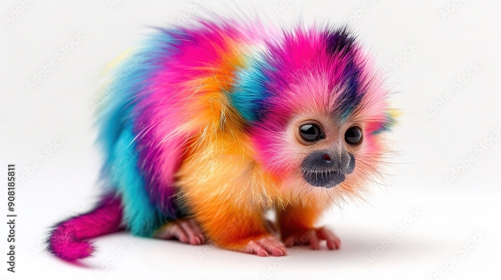 A tiny monkey adorned with vibrant fur rests on its hind legs, facing a pristine white backdrop A tiny monkey adorned with vibrant fur rests on its hind legs, facing a pristine white backdrop