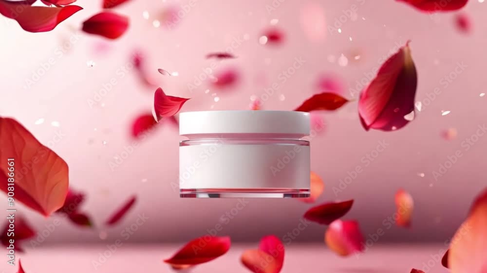 Elegant cosmetic cream jar with floating rose petals on pink.