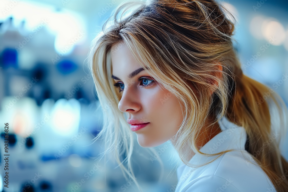 Naklejka premium Young Female Uses Artificial Intelligence in System Control Monitoring Center.