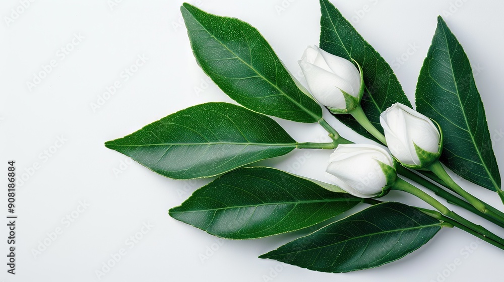 A cluster of pure white blooms resting on a lush leafy bough perched atop a pristine white tablecloth A cluster of pure white blooms resting on a lush leafy bough perched atop a pristine white tablecloth