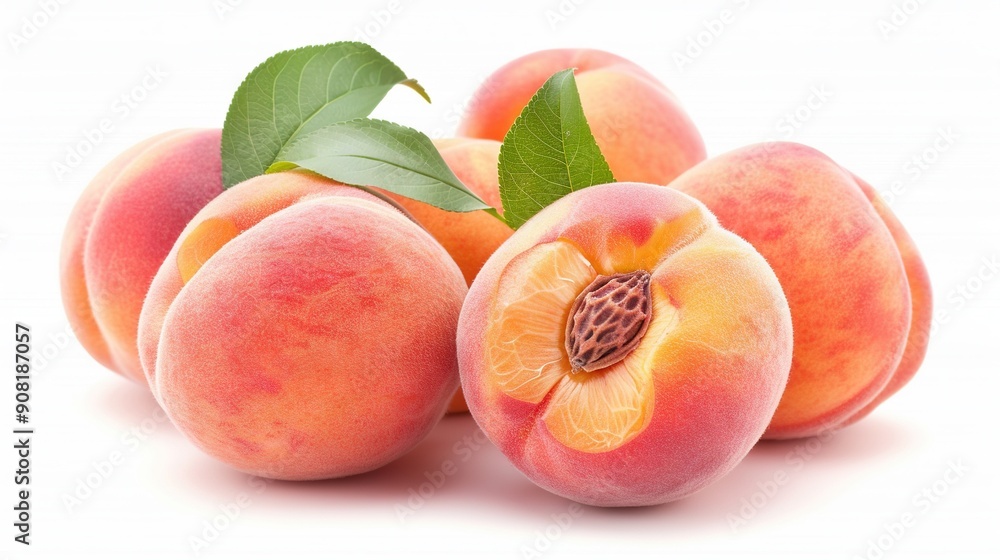 A cluster of three peaches - one halved and two whole, adorned with foliage against a white backdrop A cluster of three peaches - one halved and two whole, adorned with foliage against a white backdrop