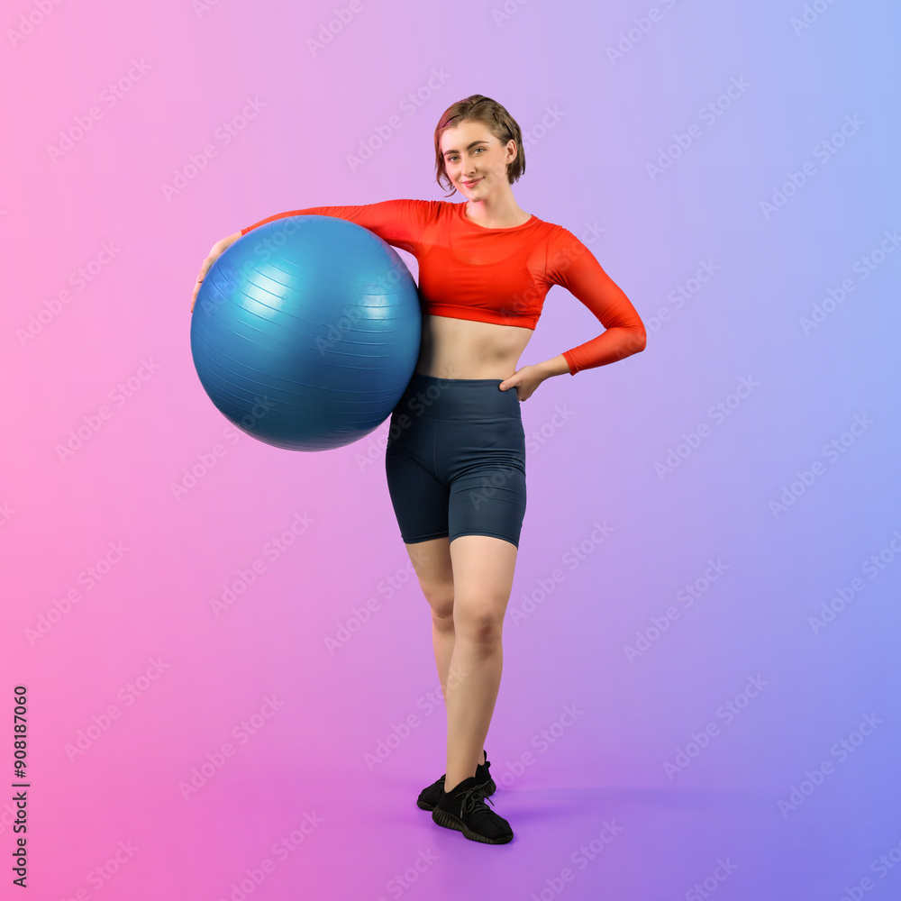Full body length gaiety shot athletic and sporty young woman with fitness exercising ball in standing posture on isolated background. Healthy active and body care lifestyle. Full body length gaiety shot athletic and sporty young woman with fitness exercising ball in standing posture on isolated background. Healthy active and body care lifestyle.