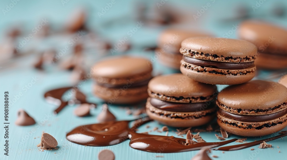 A stack of chocolate macaroons sits atop a table next to another pile A stack of chocolate macaroons sits atop a table next to another pile