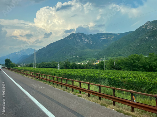 Campo di Trens, Italy. Highway in the mountains with a picturesque landscape with trucks and cars