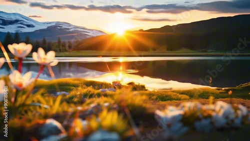 Spring Flowers Wildflowers In Field in the Glow of a Mountain Lake Sunset Nature Landscape