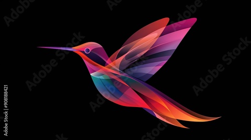   A vibrant hummingbird gracefully flies through the air, flapping its wings wide and turning its head to the side photo