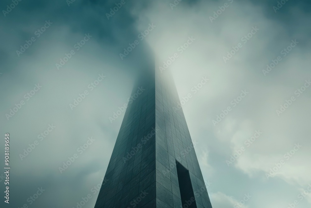 A Tall, Modern Building Piercing Through a Foggy Sky A Tall, Modern Building Piercing Through a Foggy Sky