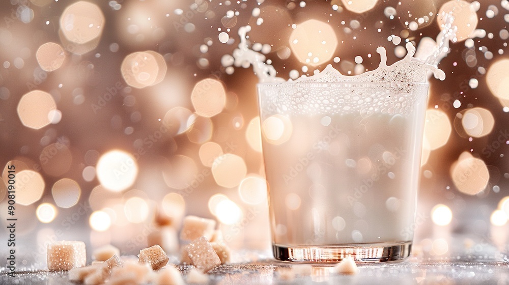 A glass of milk sits atop a table alongside a heap of marshmallow cubes A glass of milk sits atop a table alongside a heap of marshmallow cubes
