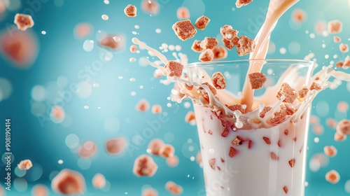   Milkshake with cereal & flakes in blue bg photo