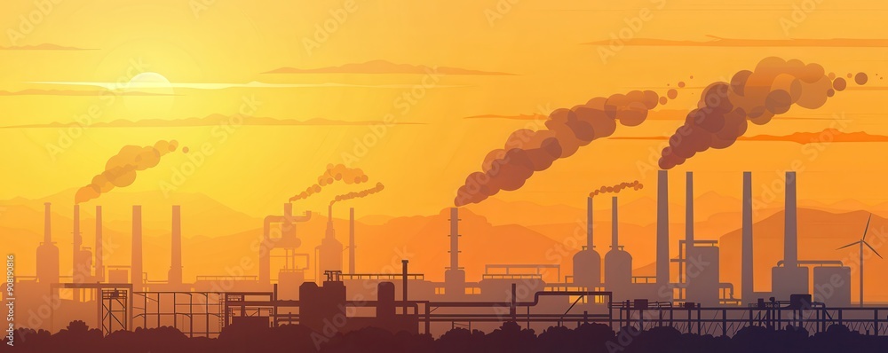 Fototapeta premium Industrial factory silhouette against a bright sunset.