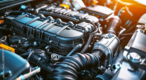 Detailed close-up of a modern car engine showing intricate components and sleek design. photo