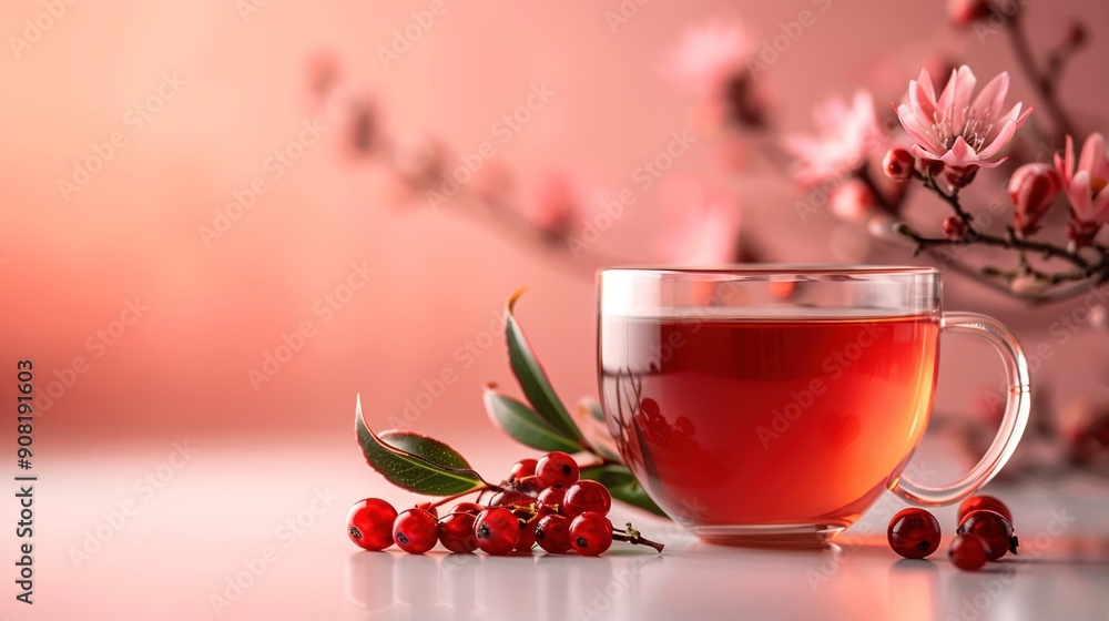 A cup of tea with pink flowers and red berries on a white table A cup of tea with pink flowers and red berries on a white table