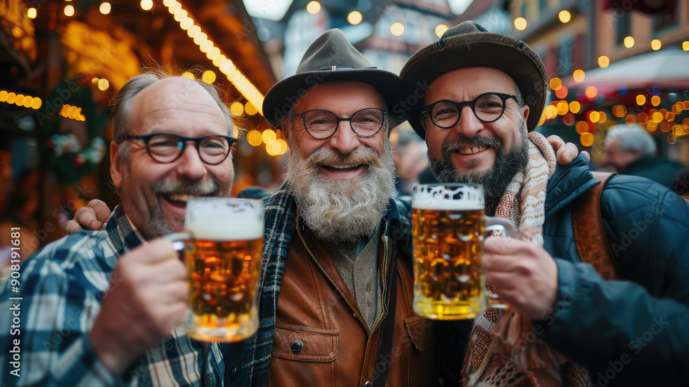 cheerful company of people with glasses of beer at the Oktoberfest festival on the street of Munich, Germany, autumn, national holiday, friends, party, alcohol, traditional drink, food, smiling man cheerful company of people with glasses of beer at the Oktoberfest festival on the street of Munich, Germany, autumn, national holiday, friends, party, alcohol, traditional drink, food, smiling man