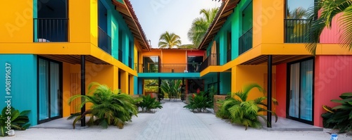 Tropical architecture, open-air design, selective focus, climate adaptation, vibrant, double exposure, beach resort