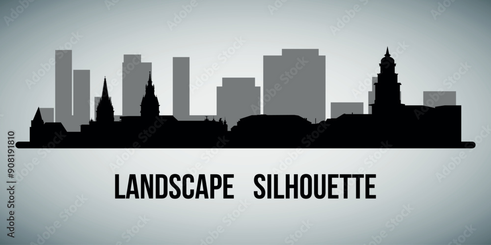 Fototapeta premium Black flat silhouette of cityscape. Vector on a gray background.