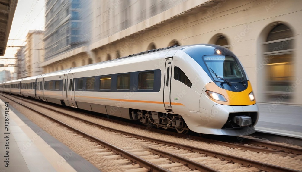 Naklejka premium A high-speed train captured with panning technique, the train sharply in focus as it races through a blurred landscape, highlighting the sense of motion and speed. 