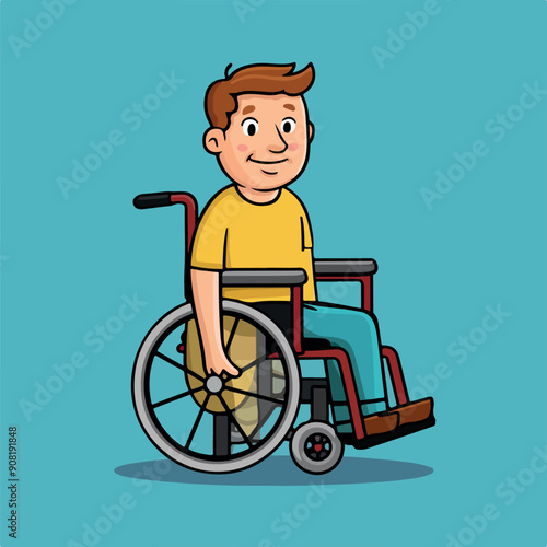 Man in wheelchair with a yellow shirt hand drawn art Vector Icon Illustration