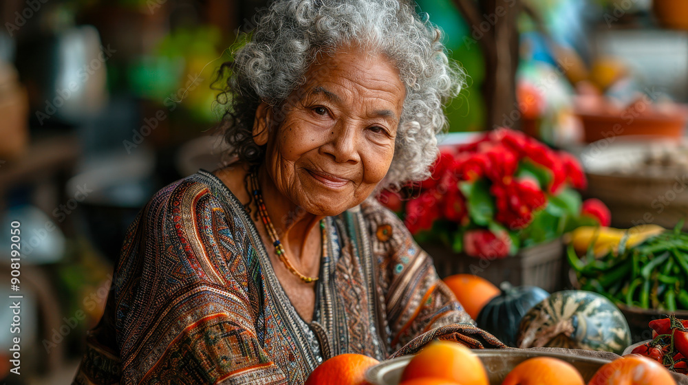 Elderly Woman Enjoying Senior Community Event with Vibrant Produce and Flowers Elderly Woman Enjoying Senior Community Event with Vibrant Produce and Flowers