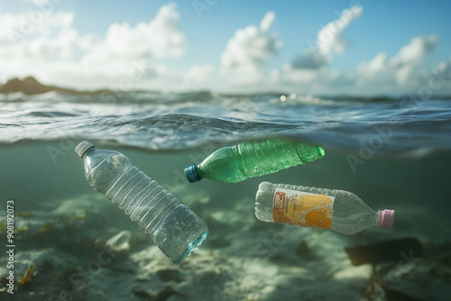 Plastic pollution in the ocean The underwater world shimmers with the garbage that floats in the sea. Environmental problem
