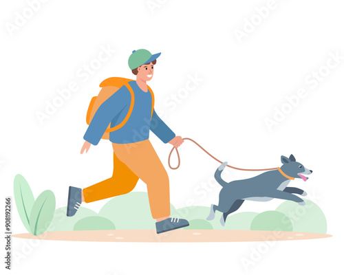 Young boy walking with dog. Child running and jumping with cute dog on leash. Happy pet and owner spend time together. Vector flat illustration isolated on white background.