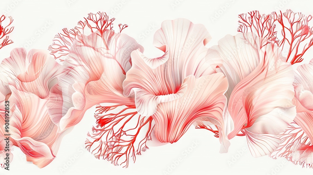 A photo of magnified flowers on a pure white backdrop, featuring vivid red corals as the focal point A photo of magnified flowers on a pure white backdrop, featuring vivid red corals as the focal point