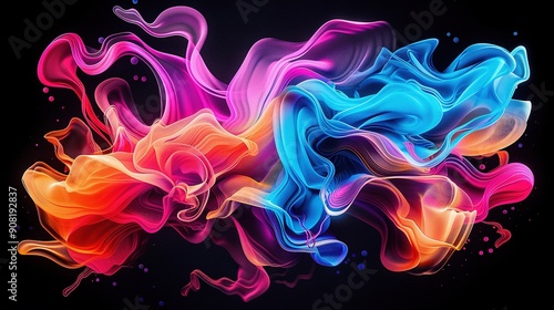  A multicolored abstract painting on a black background with a black, red, yellow, blue, pink, and orange swirl