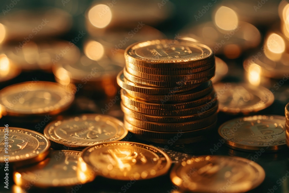 Stack of Golden Bitcoin Cryptocurrency Coins on a Dark Surface Stack of Golden Bitcoin Cryptocurrency Coins on a Dark Surface