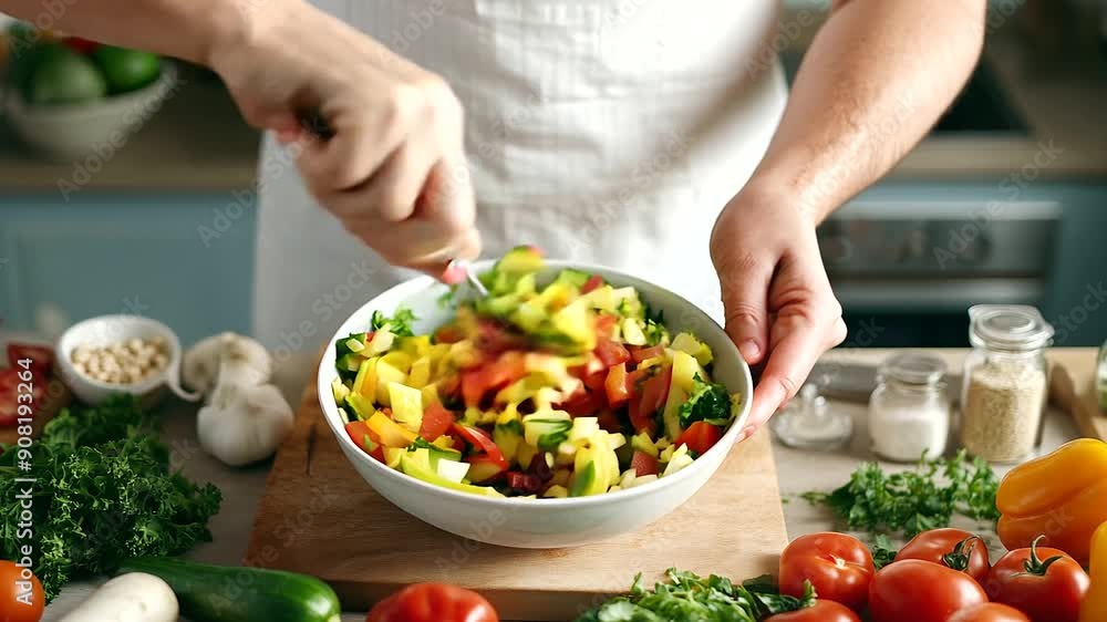 Overhead shot of a kitchen counter bustling with fresh veggies and utensils as a healthy salad is being crafted. Overhead shot of a kitchen counter bustling with fresh veggies and utensils as a healthy salad is being crafted.
