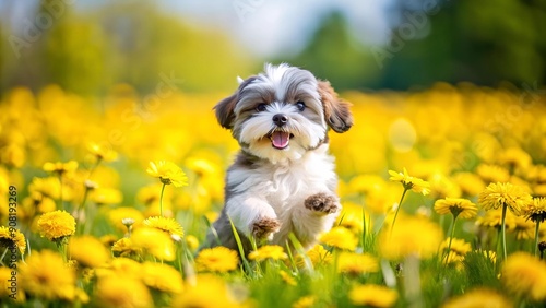 A Playful Shih Tzu Puppy in a Field of Dandelions  AI generated photo