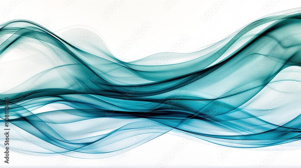 A blue and white wave of smoke on a white background with a light reflection at its base A blue and white wave of smoke on a white background with a light reflection at its base