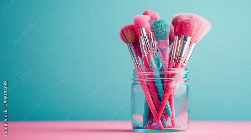 Jar with pink and blue brushes on pink-blue table, adjacent to blue wall Jar with pink and blue brushes on pink-blue table, adjacent to blue wall