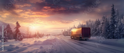 Red truck driving through snowy winter landscape. Free copy space for text.