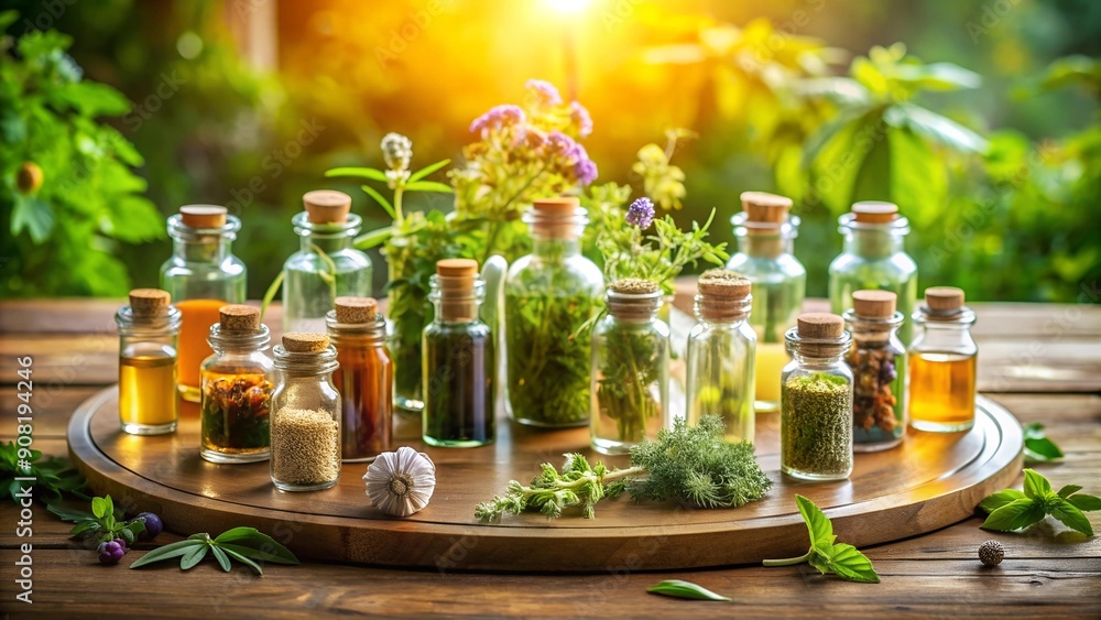 Aromatic Apothecary: A Symphony of Herbs in Glass Bottles generative AI Aromatic Apothecary: A Symphony of Herbs in Glass Bottles generative AI
