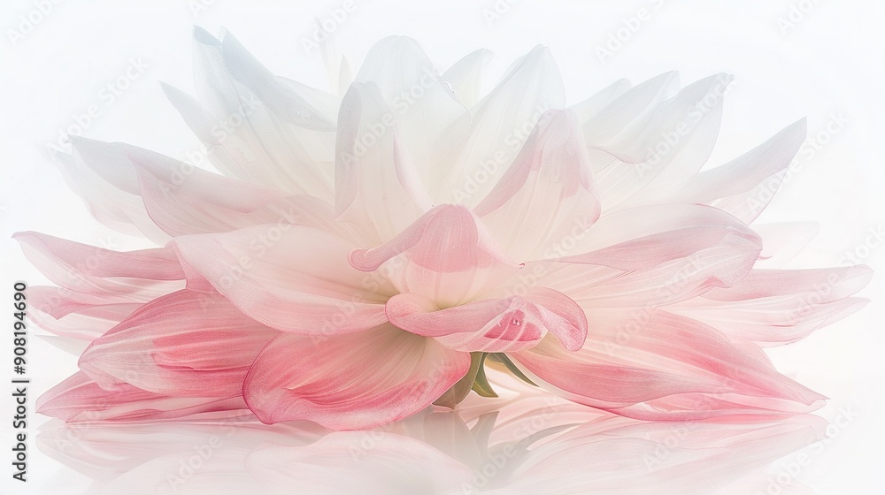 A close-up of a pink and white flower with reflection on a white surface against a white background A close-up of a pink and white flower with reflection on a white surface against a white background