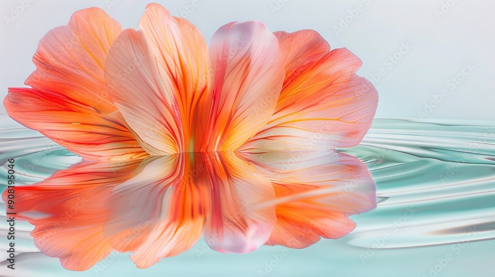 An orange flower floats on water with ripples, blue sky behind An orange flower floats on water with ripples, blue sky behind