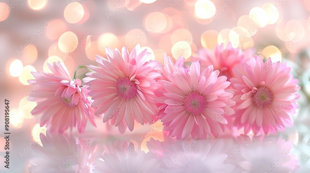 Three pink flowers placed atop a table, beside a vase with clear flowers, set against a hazy backdrop Three pink flowers placed atop a table, beside a vase with clear flowers, set against a hazy backdrop